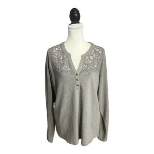 Kate & Sam Knit Top Plus Size XXL Gray Textured Lace Insert V Neck Pullover
